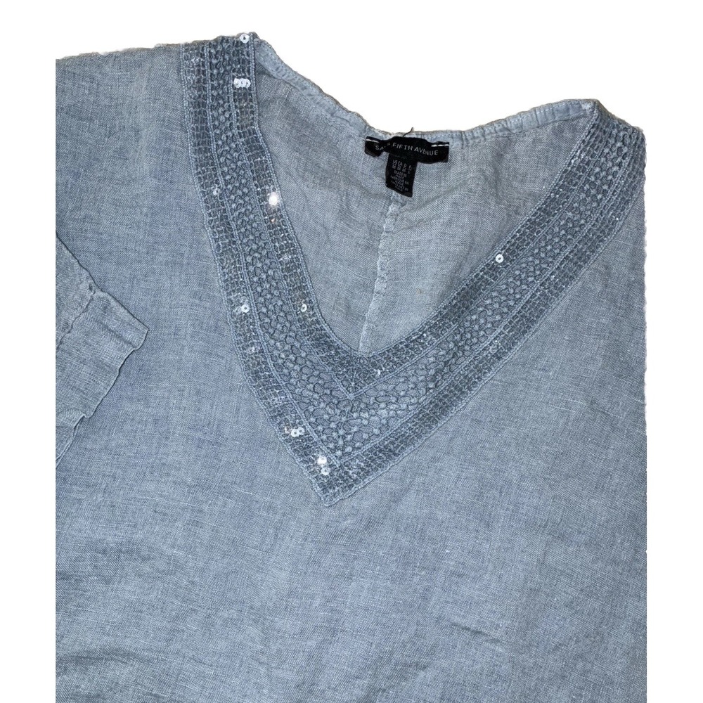 Saks Fifth Avenue Top Women's M Blue Sequins Linen Lagenlook Boho Made In Italy
